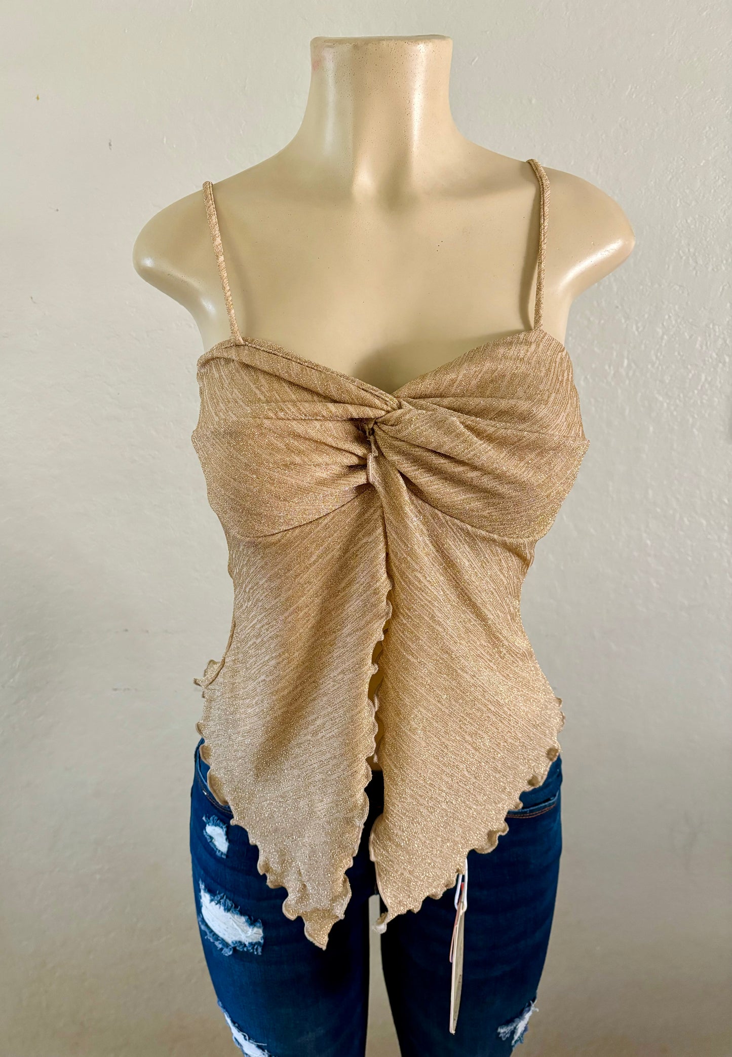 Sleeveless Glitter Top with Centered Butterfly Cut