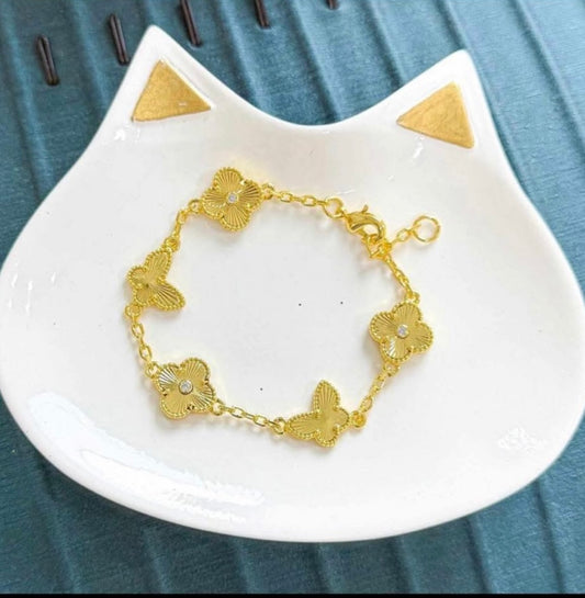 24K Gold Plated Steel “Four-Leaf Clover and Butterfly” Bracelet