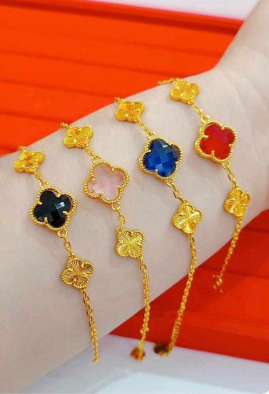 24k Gold Plated Steel “Pink and Gold Four-Leaf Clover” Bracelet