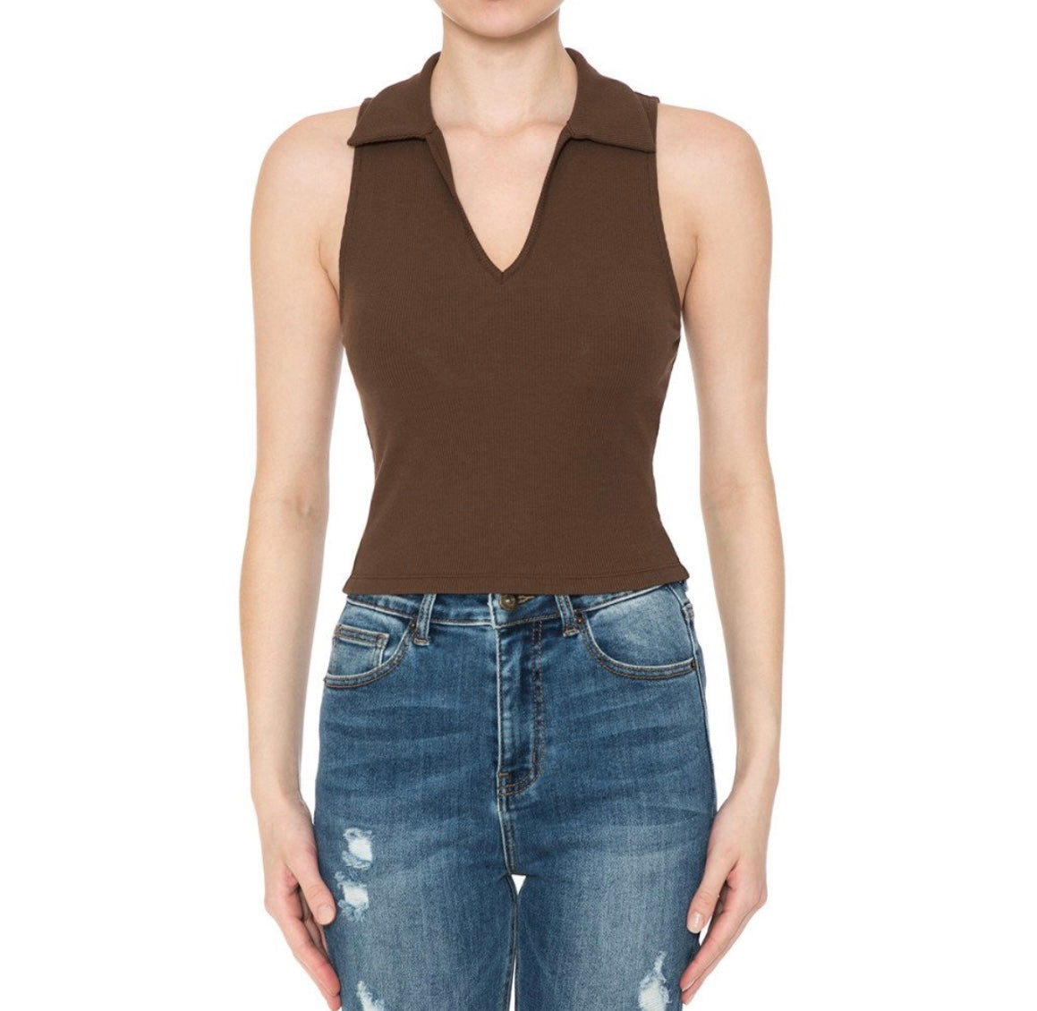 Johnny Collar Ribbed Sleeveless Crop Top