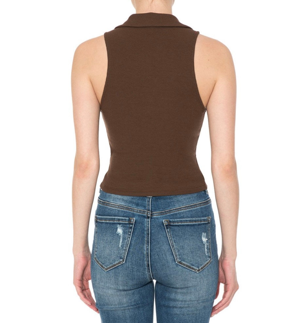 Johnny Collar Ribbed Sleeveless Crop Top