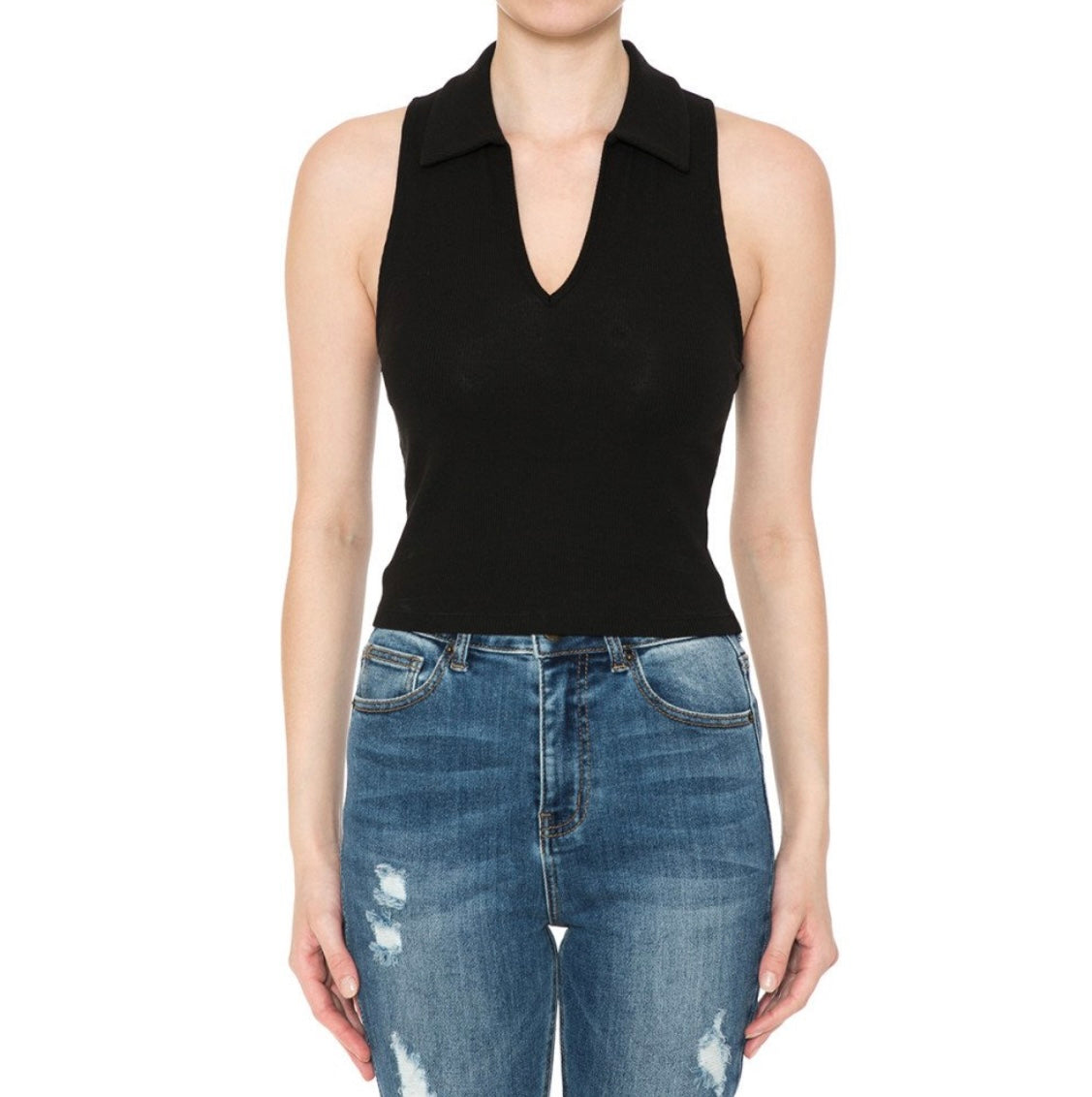 Johnny Collar Ribbed Sleeveless Crop Top