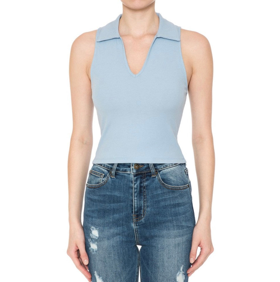 Johnny Collar Ribbed Sleeveless Crop Top