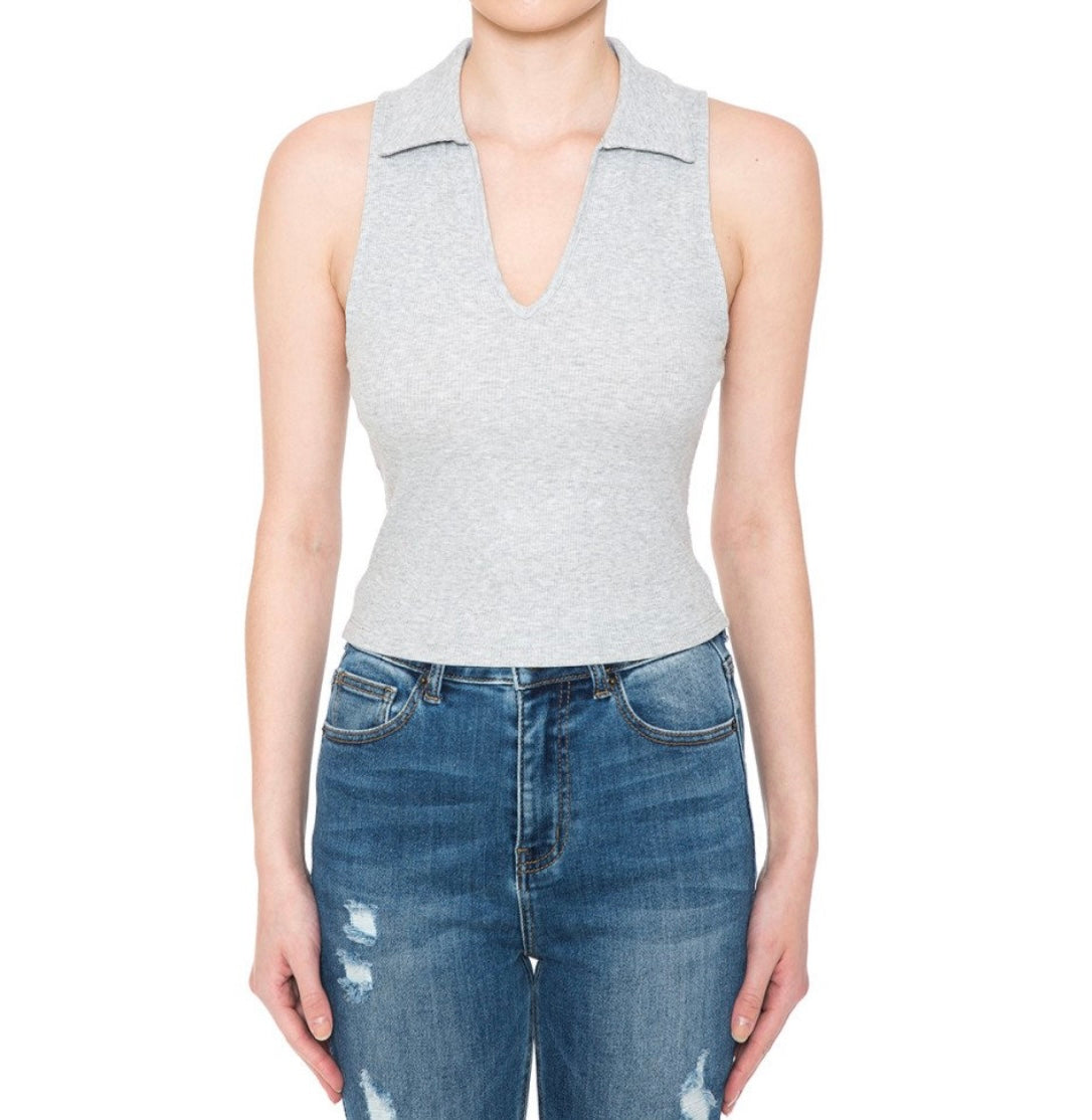 Johnny Collar Ribbed Sleeveless Crop Top